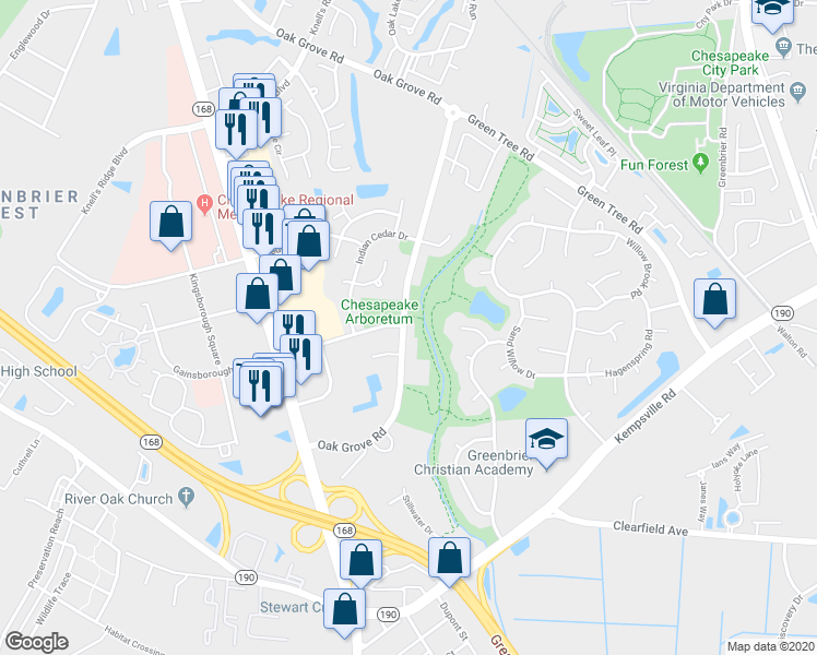 map of restaurants, bars, coffee shops, grocery stores, and more near 617 Oak Grove Road in Chesapeake