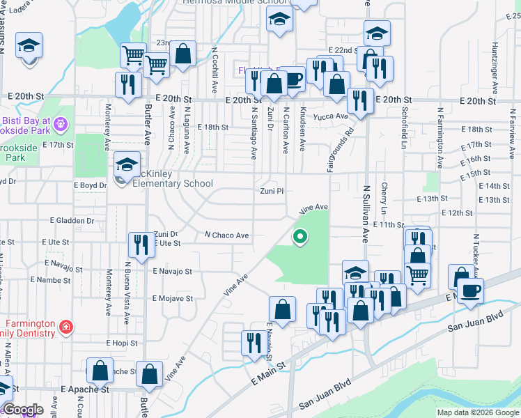 map of restaurants, bars, coffee shops, grocery stores, and more near 1217 East Mesa Verde Avenue in Farmington