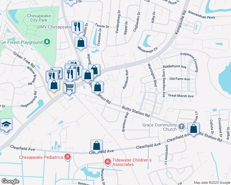 map of restaurants, bars, coffee shops, grocery stores, and more near 512 Ruby Court in Chesapeake