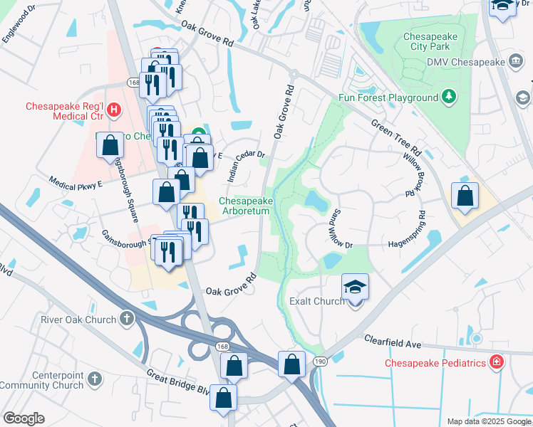 map of restaurants, bars, coffee shops, grocery stores, and more near 617 Oak Grove Road in Chesapeake