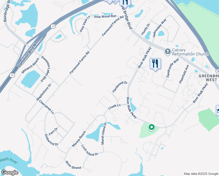map of restaurants, bars, coffee shops, grocery stores, and more near 712 Bulrush Court in Chesapeake