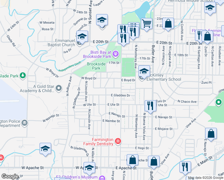 map of restaurants, bars, coffee shops, grocery stores, and more near 106 East Gladden Drive in Farmington