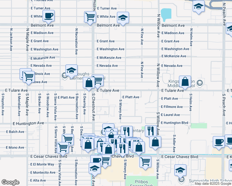map of restaurants, bars, coffee shops, grocery stores, and more near 142 South Winery Avenue in Fresno