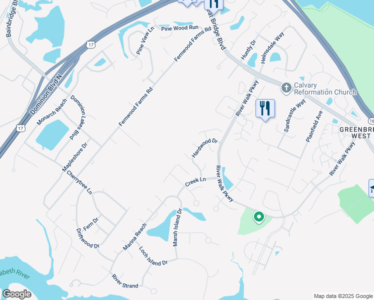 map of restaurants, bars, coffee shops, grocery stores, and more near 712 Bulrush Court in Chesapeake