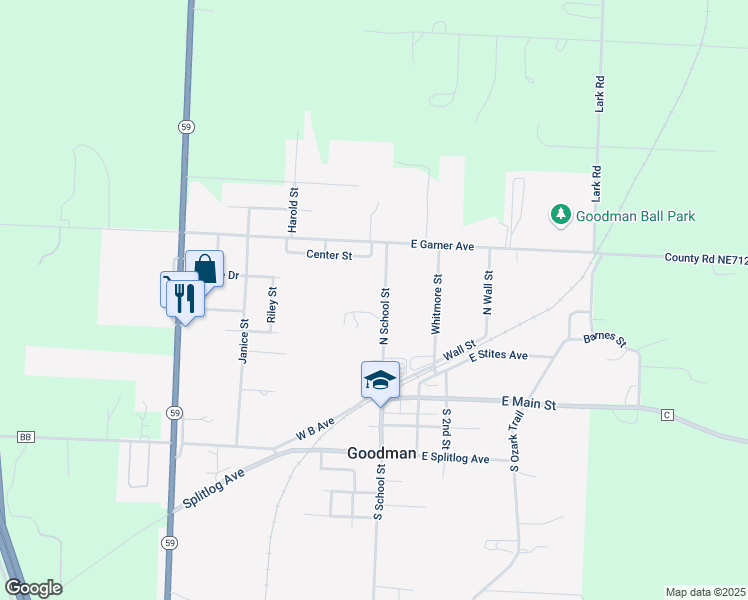 map of restaurants, bars, coffee shops, grocery stores, and more near 146 North School Street in Goodman