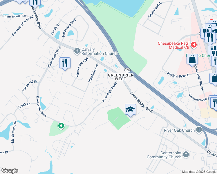 map of restaurants, bars, coffee shops, grocery stores, and more near 106 Fireweed Court in Chesapeake