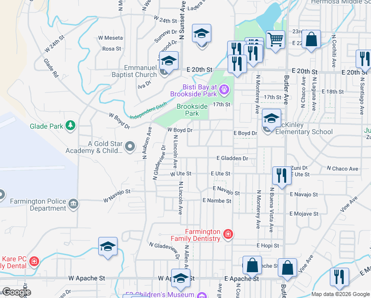 map of restaurants, bars, coffee shops, grocery stores, and more near 1202 North Lincoln Avenue in Farmington