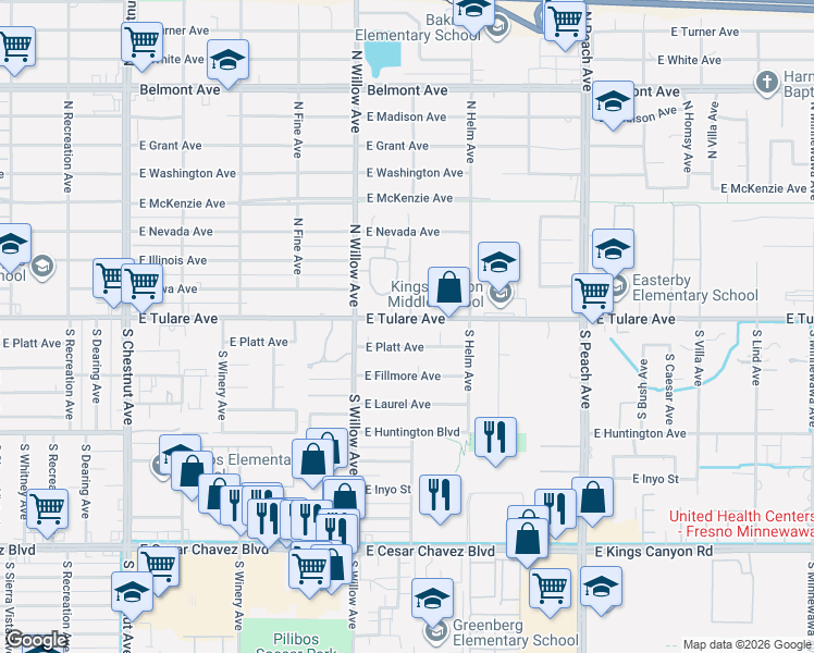map of restaurants, bars, coffee shops, grocery stores, and more near 5043 East Platt Avenue in Fresno