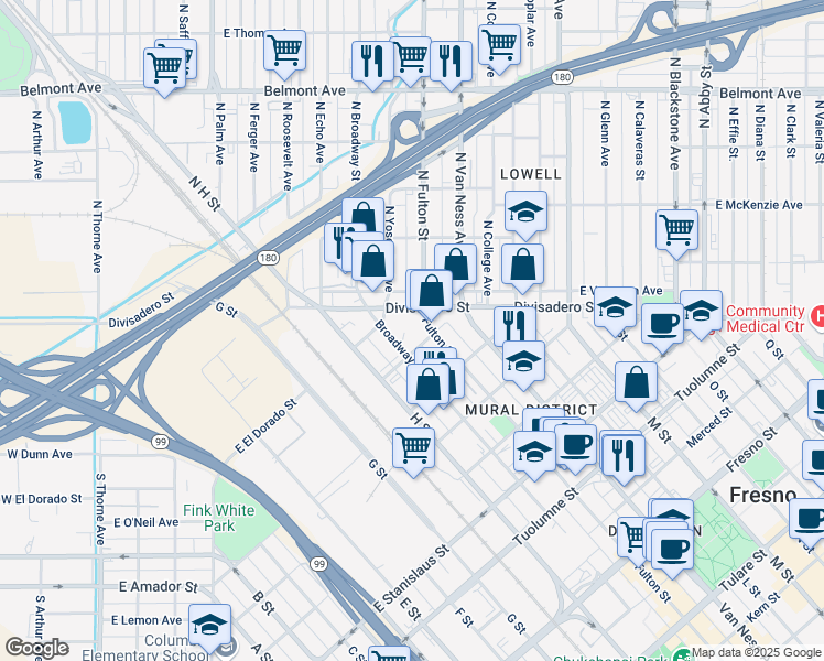 map of restaurants, bars, coffee shops, grocery stores, and more near 105 Sacramento Street in Fresno