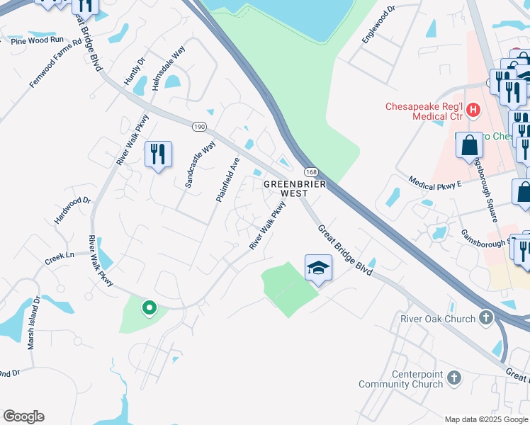map of restaurants, bars, coffee shops, grocery stores, and more near 106 Fireweed Court in Chesapeake