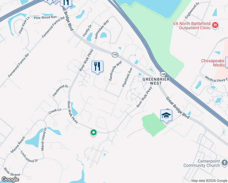 map of restaurants, bars, coffee shops, grocery stores, and more near 712 Dissdale Lane in Chesapeake