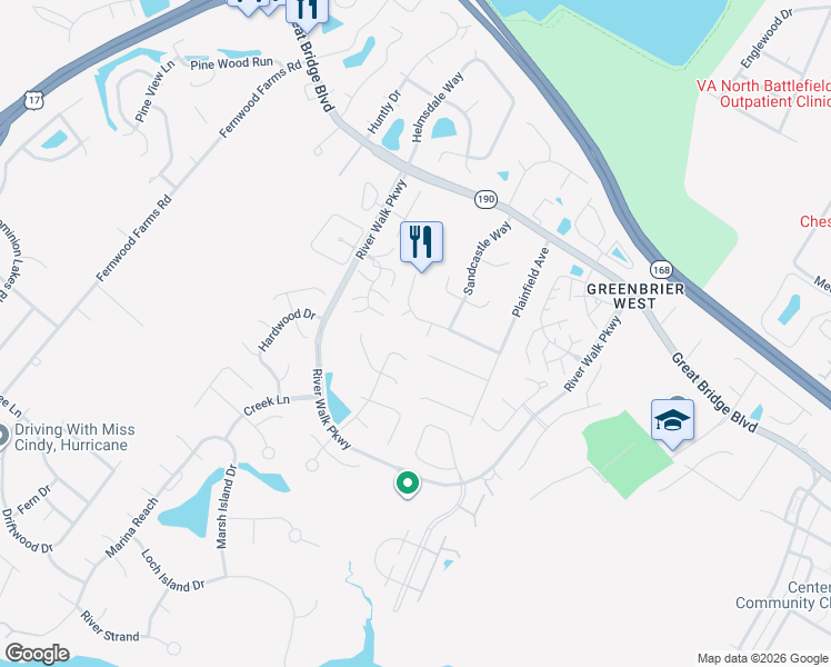 map of restaurants, bars, coffee shops, grocery stores, and more near 501 Sandcastle Court in Chesapeake