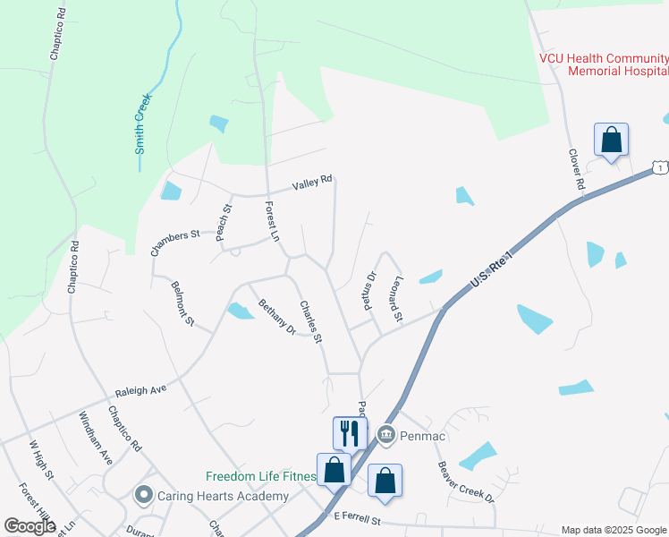 map of restaurants, bars, coffee shops, grocery stores, and more near 405 Forest Lane in South Hill