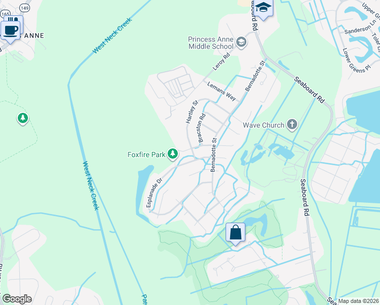 map of restaurants, bars, coffee shops, grocery stores, and more near 2472 Esplanade Drive in Virginia Beach