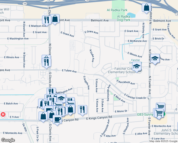 map of restaurants, bars, coffee shops, grocery stores, and more near 5754 East Iowa Avenue in Fresno