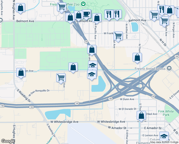 map of restaurants, bars, coffee shops, grocery stores, and more near 11 South Teilman Avenue in Fresno