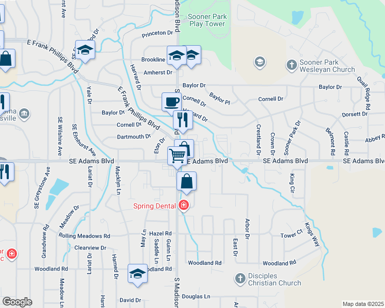 map of restaurants, bars, coffee shops, grocery stores, and more near 5420 Southeast Adams Boulevard in Bartlesville