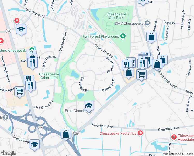 map of restaurants, bars, coffee shops, grocery stores, and more near 613 Hidden Falls Lane in Chesapeake