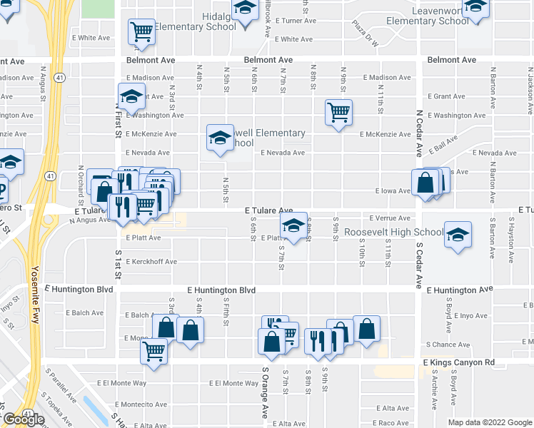 map of restaurants, bars, coffee shops, grocery stores, and more near 3633 East Verrue Avenue in Fresno