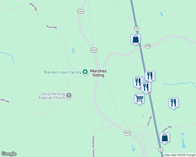 map of restaurants, bars, coffee shops, grocery stores, and more near State Highway 1651 in Whitley City