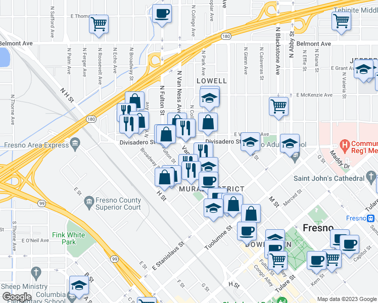 map of restaurants, bars, coffee shops, grocery stores, and more near 1824 Van Ness Avenue in Fresno