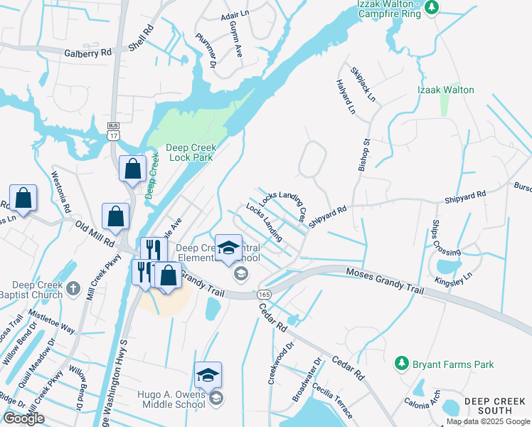 map of restaurants, bars, coffee shops, grocery stores, and more near 2331 Locks Landing in Chesapeake