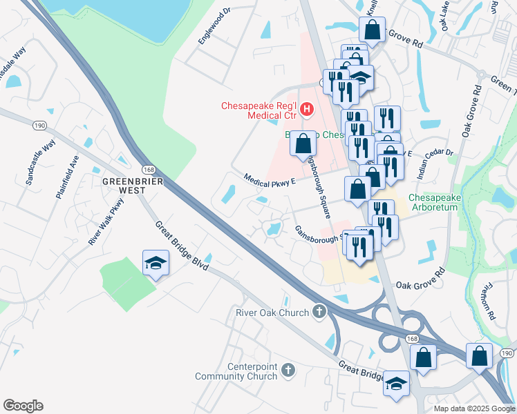 map of restaurants, bars, coffee shops, grocery stores, and more near 400 Henley Court in Chesapeake
