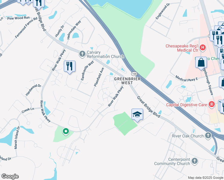 map of restaurants, bars, coffee shops, grocery stores, and more near 106 Fireweed Court in Chesapeake