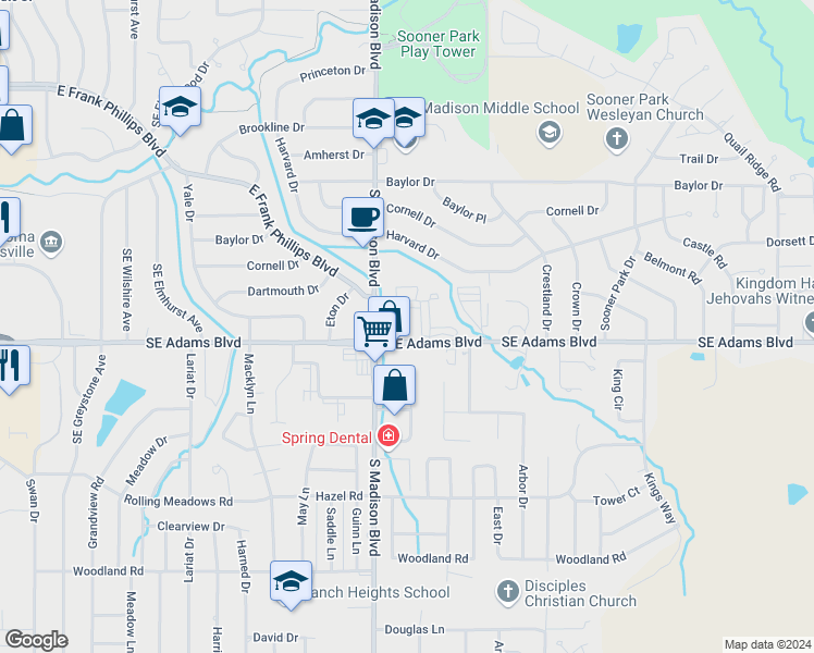 map of restaurants, bars, coffee shops, grocery stores, and more near 5420 Southeast Adams Boulevard in Bartlesville