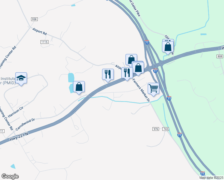 map of restaurants, bars, coffee shops, grocery stores, and more near 218 Ballpark Drive in Hillsville