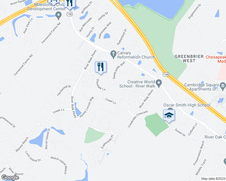 map of restaurants, bars, coffee shops, grocery stores, and more near 717 Dissdale Lane in Chesapeake