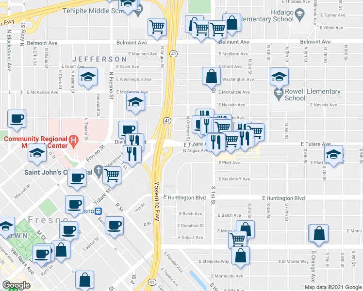 map of restaurants, bars, coffee shops, grocery stores, and more near 2948 East Tulare Avenue in Fresno