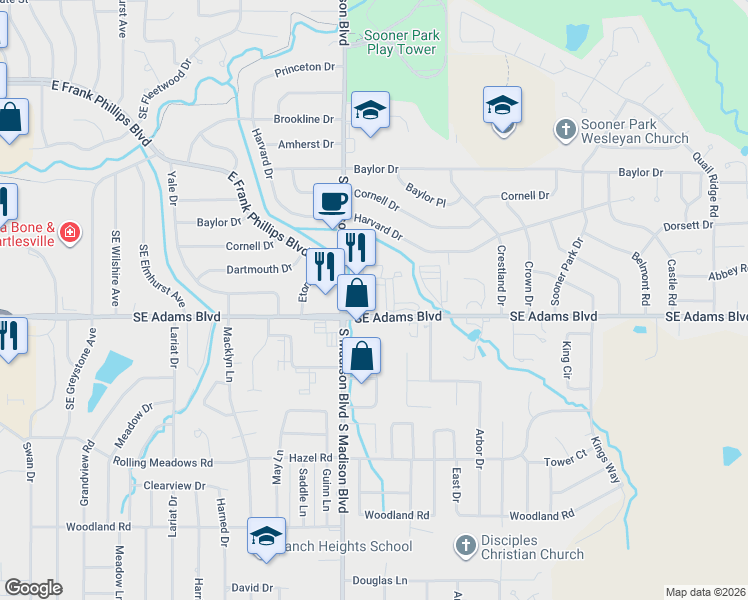map of restaurants, bars, coffee shops, grocery stores, and more near 5420 Southeast Adams Boulevard in Bartlesville
