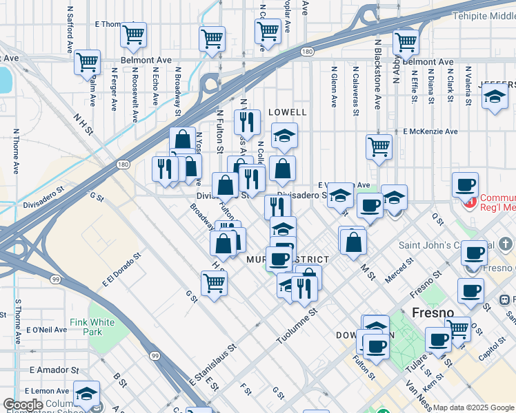 map of restaurants, bars, coffee shops, grocery stores, and more near 1822 Van Ness Avenue in Fresno