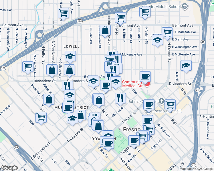 map of restaurants, bars, coffee shops, grocery stores, and more near 1525 O Street in Fresno