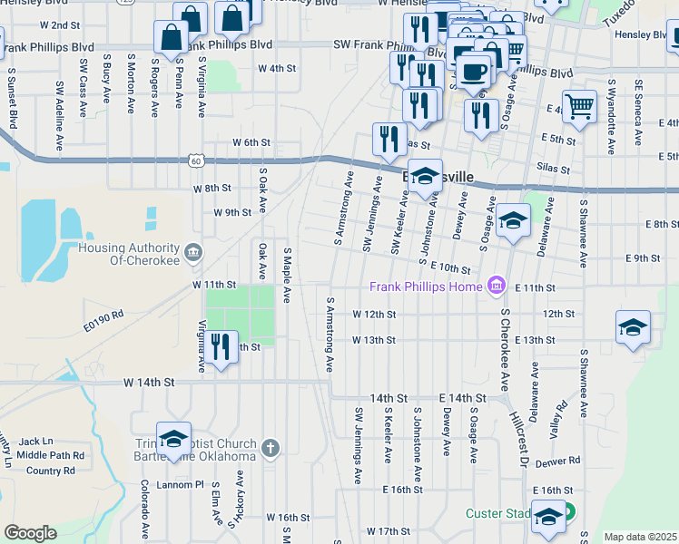 map of restaurants, bars, coffee shops, grocery stores, and more near 1016 South Armstrong Avenue in Bartlesville