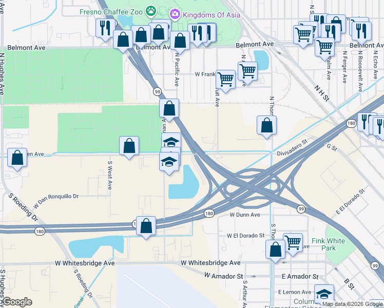 map of restaurants, bars, coffee shops, grocery stores, and more near 701 West Nielsen Avenue in Fresno