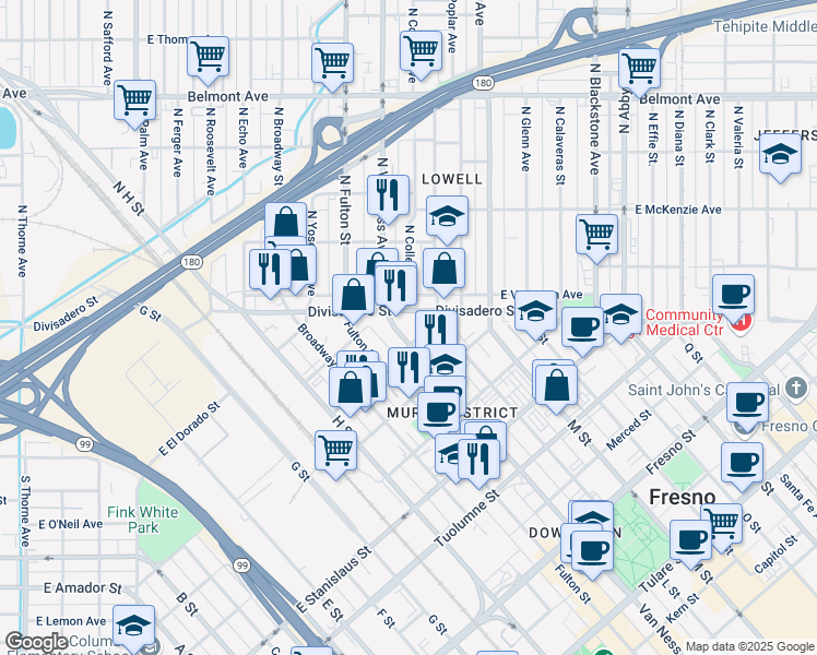 map of restaurants, bars, coffee shops, grocery stores, and more near 1762 Van Ness Avenue in Fresno