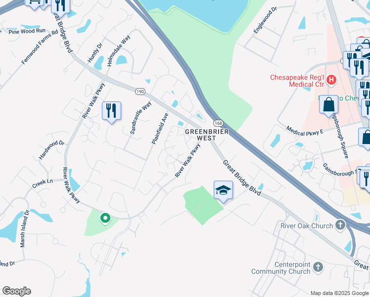 map of restaurants, bars, coffee shops, grocery stores, and more near 106 Fireweed Court in Chesapeake