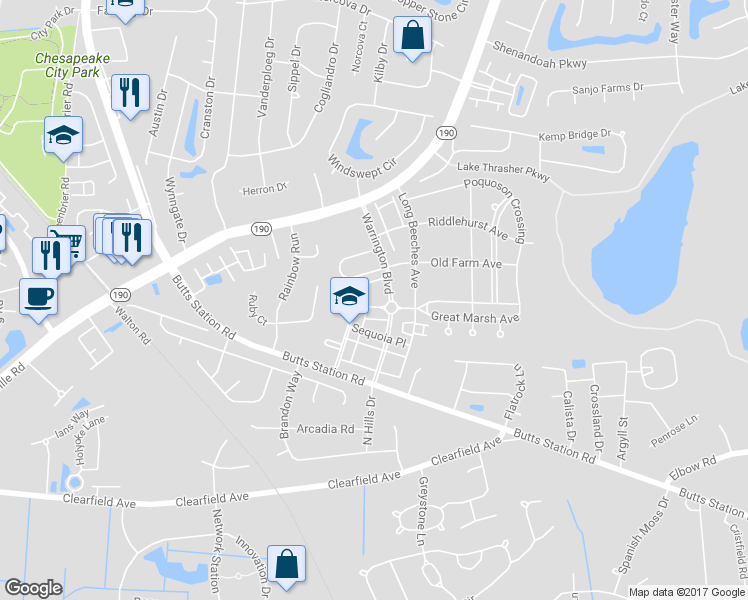 map of restaurants, bars, coffee shops, grocery stores, and more near 732 Great Marsh Avenue in Chesapeake