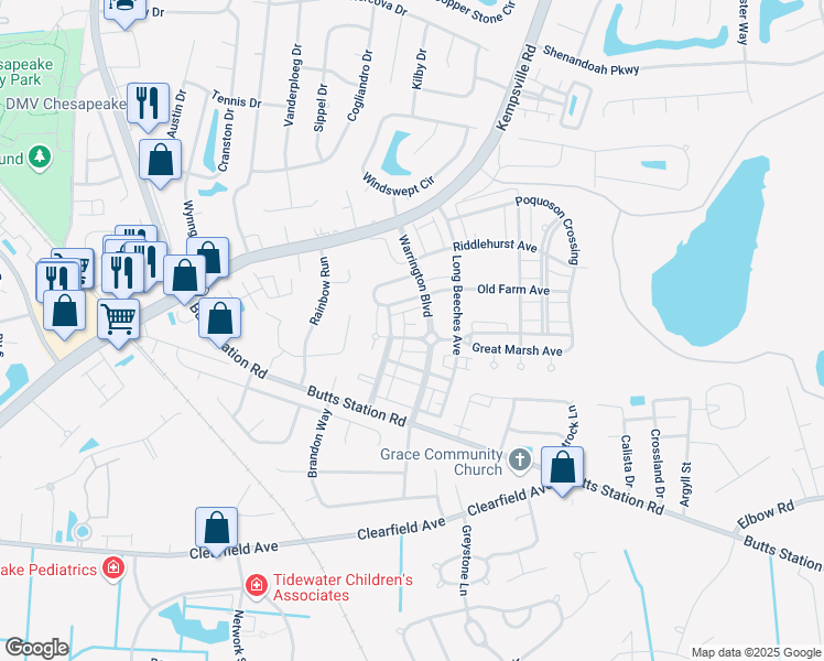 map of restaurants, bars, coffee shops, grocery stores, and more near 732 Great Marsh Avenue in Chesapeake