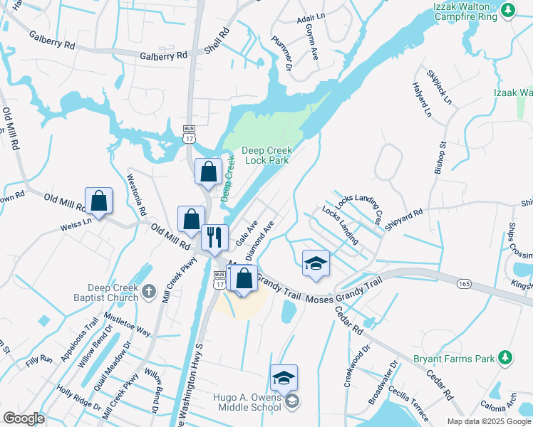 map of restaurants, bars, coffee shops, grocery stores, and more near 216 Gale Avenue in Chesapeake