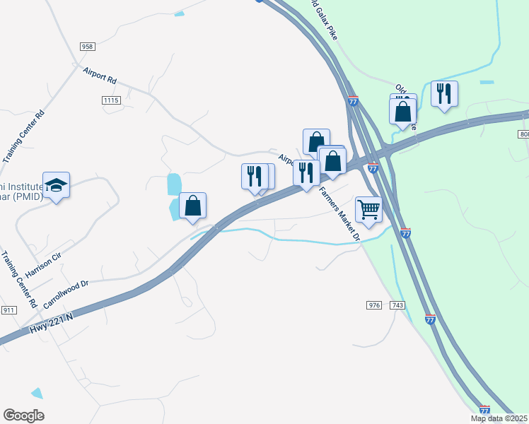 map of restaurants, bars, coffee shops, grocery stores, and more near 218 Ballpark Drive in Hillsville