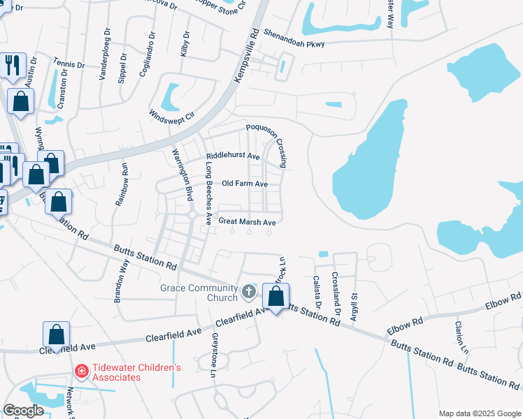 map of restaurants, bars, coffee shops, grocery stores, and more near 908 Great Marsh Ave in Chesapeake