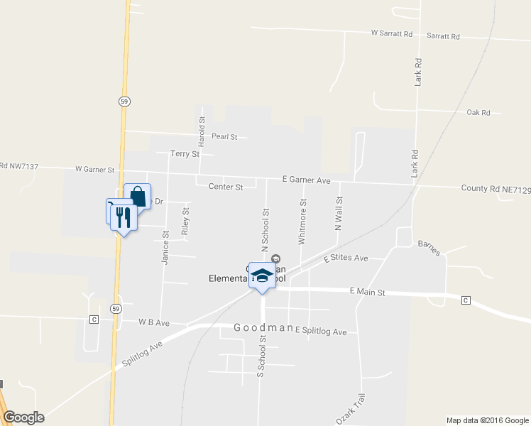 map of restaurants, bars, coffee shops, grocery stores, and more near 146 North School Street in Goodman