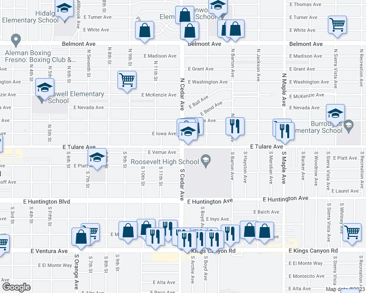 map of restaurants, bars, coffee shops, grocery stores, and more near 32 North Cedar Avenue in Fresno