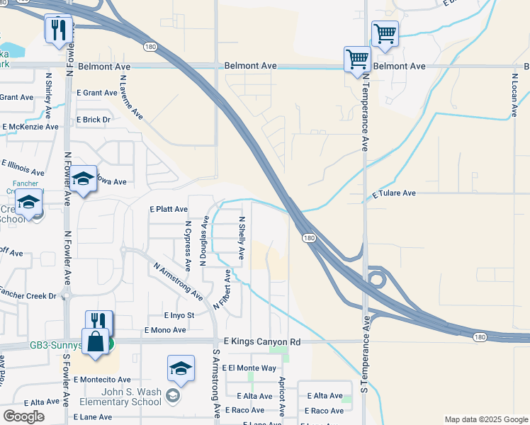 map of restaurants, bars, coffee shops, grocery stores, and more near 6720 East Kings Canyon Road in Fresno