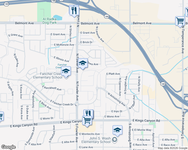 map of restaurants, bars, coffee shops, grocery stores, and more near 333 North Burgan Avenue in Fresno