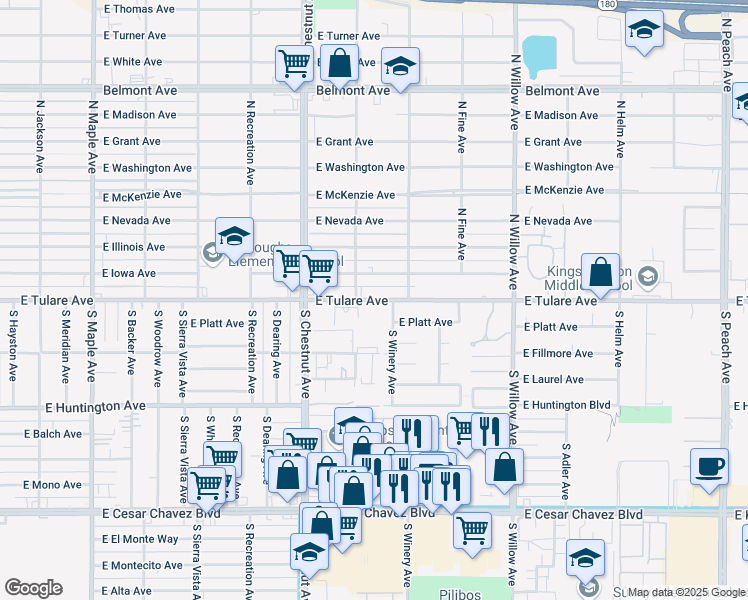 map of restaurants, bars, coffee shops, grocery stores, and more near 142 South Winery Avenue in Fresno