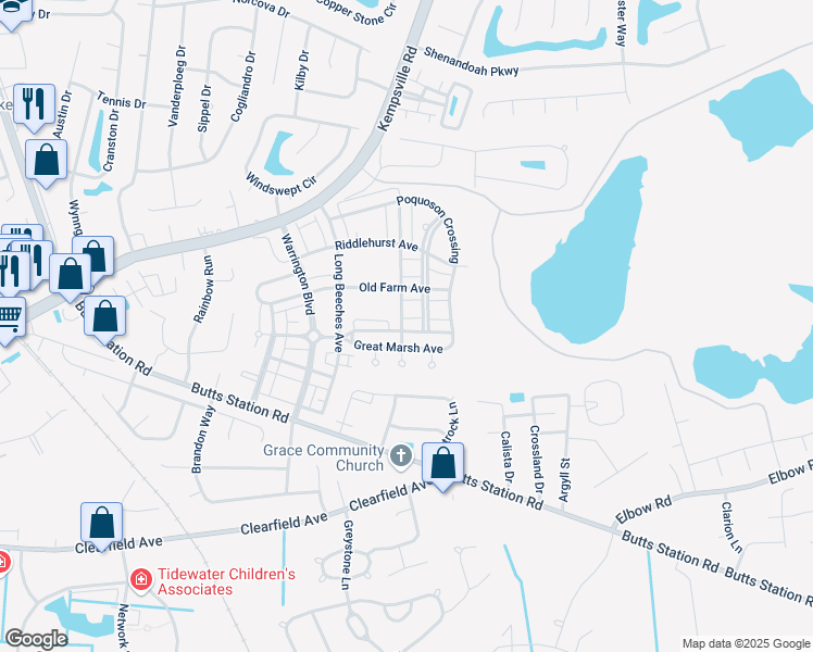 map of restaurants, bars, coffee shops, grocery stores, and more near 905 Great Marsh Avenue in Chesapeake